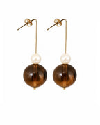 Brown quartz and pearl earrings